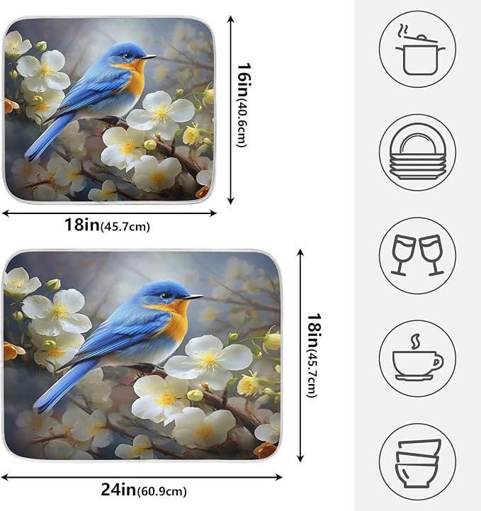 Spring Blue Yellow Flower Bluebird Butterflies Dish Drying Mat for Kitchen Counter Absorbent Microfiber Large Drying Pad Dish Mats for Kitchen Countertops 18 x 24 Inch