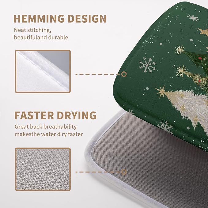 Green Christmas Tree Snowflakes Dish Drying Mat for Kitchen Counter 16x18 Inch Winter Xmas Holiday Dish Rack Mat Absorbent Microfiber Dish Draining Mat Reversible Drainer Pad
