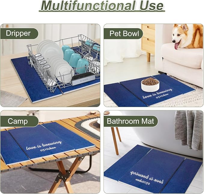Dish Drying Mat Large Stone Dish Drying Mat For Kitchen Counter Collapsible Quick-Drying Sleek Diatomaceous Versatile Stone Drying Mats For Cups Dishes Bottles Marble (royalblue, 16"×19")