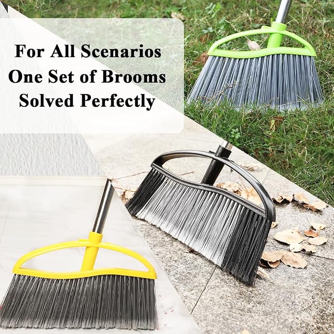 3 Pack Wide Heavy Duty Angle Broom - Stiff Bristle Outdoor Brooms for Sweeping Patio, Garden, Garage, Yard (Black, Yellow, Green)