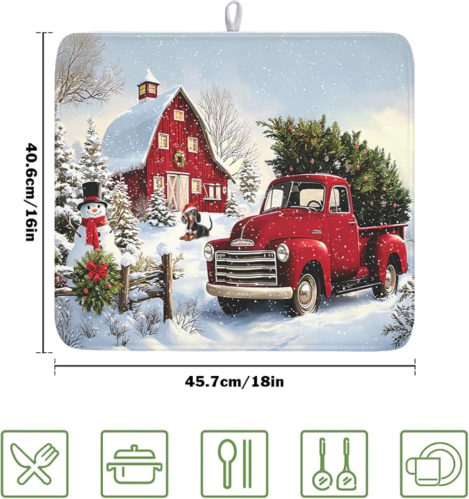 Giwawa Red Truck Dish Drying Mat Winter Xmas Tree Drainer Rack Pad 16"x18" Microfiber Absorbent Quick Dry Dish Sink Mat for Table Kitchen Counter