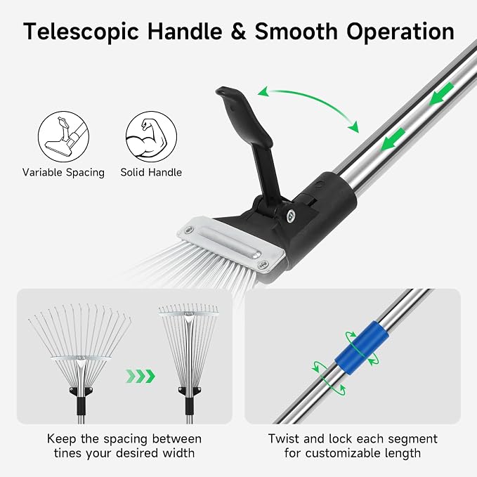 SANLIKE 68" Adjustable Metal Leaf Rake, Heavy Duty Lawn Thatch Rake | Sturdy metal rake head with extendable 68-inch adjustable handle, heavy-duty durable structure for lawn thatch & leaf cleanup