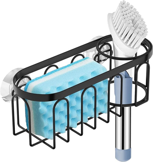 2-in-1 Sponge Holder for Kitchen Sink, Sink Caddy Kitchen Sink Organizer with 3 Suction Cups, No Drill Rustproof Sink Sponge Holder for Dish Brush, Soap & Sponge (Black)
