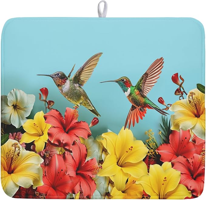 Kawani Hummingbirds Floral Dish Drying Mat for Kitchen Counter 16x18 In Hibiscus Tropical Drying Mat Farmhouse Fast Dry Absorbent Microfiber Dish Drainer Rack Pad for Countertop Decor