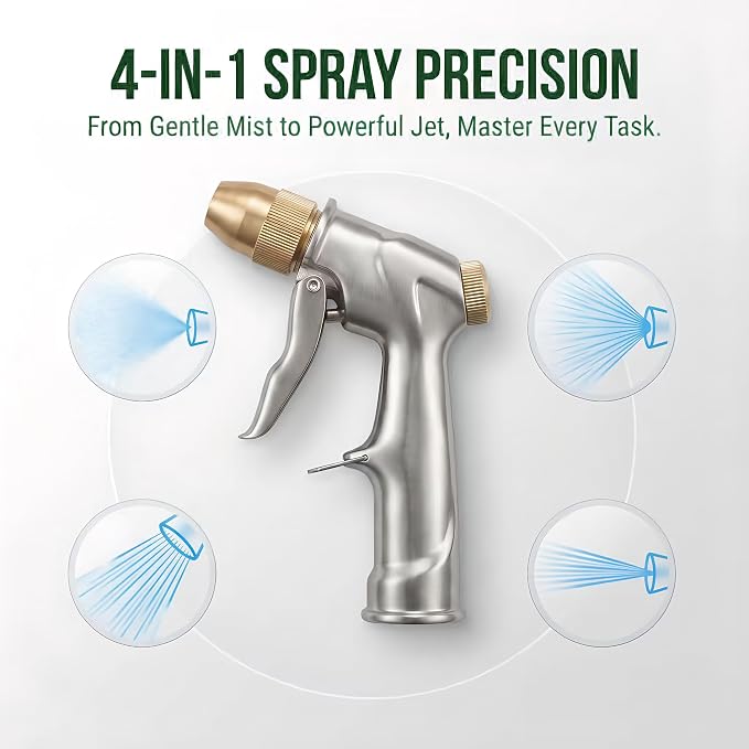 Metal Garden Hose Nozzle 4 Modes Leak Proof High Pressure Lawn Car | Zinc alloy nozzle, 4 spray modes, leak-proof. 250 PSI pressure for lawn, car, patio & pet cleaning; comfy ergonomic grip.
