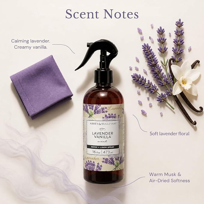 Abbey & Sullivan Linen Spray, Lavender Vanilla, Fabric Freshener and Odor Eliminator, Pack of 2, 16 oz