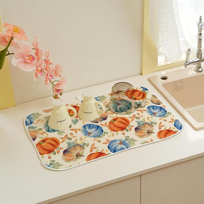 Fall Dish Drying Mat 18x24 Inch Burnt Orange Blue Green Pumpkin Leaves Drying Mat Autumn Harvest Thanksgiving Holiday Absorbent Dish Drying Pad Dish Rack Drainer Mats for Kitchen Dining Counter