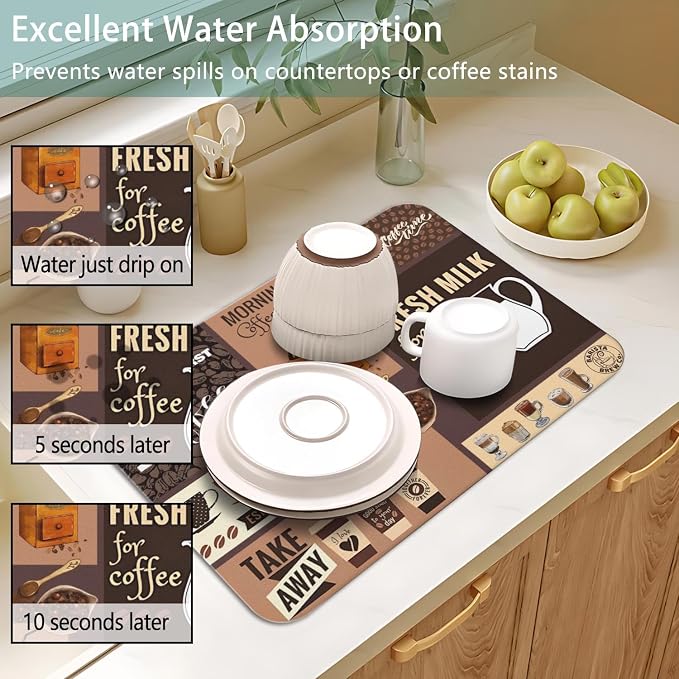 Dish Drying Mat 2-Pack in Coffee Bar for Kitchen Counter Dishes Mat | Diatom Mud Mats (18x24, 19.5x12"). Non-slip rubber back for kitchen counter, coffee bar & sink scenes