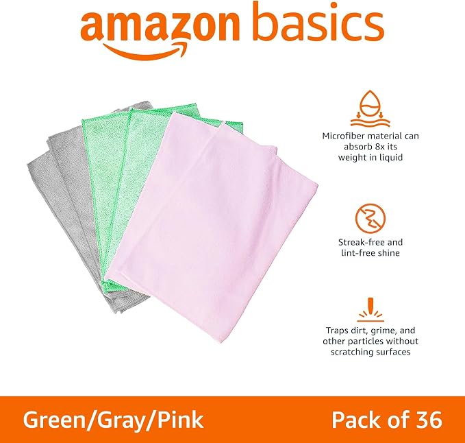 Amazon Basics Microfiber Cleaning Cloths, Ultra Absorbent, Scratch Free, Non-Abrasive, Reusable and Washable, All-Purpose, Car Detailing, 16" x 12", Green/Gray/Pink (Pack of 288)