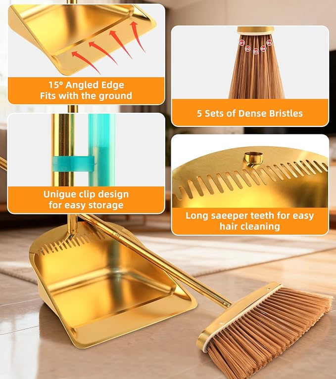 Gold Stainless Steel Broom and Dustpan Set, 2-Piece Long Handle Standing Pan with Comb Teeth, Heavy Duty Windproof Upright Design for Home, Kitchen, Indoor Outdoor Use