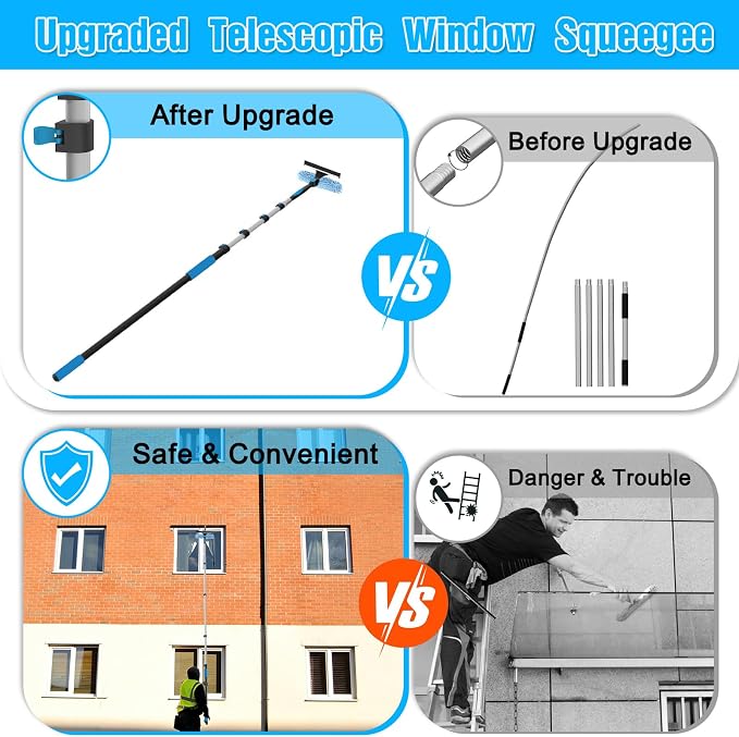 16FT Reach Window Squeegee Kit with Extension Pole, 2-in-1 Professional Washer for High Windows, 3-12FT Adjustable Reach, Rotatable Head for Indoor & Outdoor Use, Streak-Free Cleaning Tool for Home