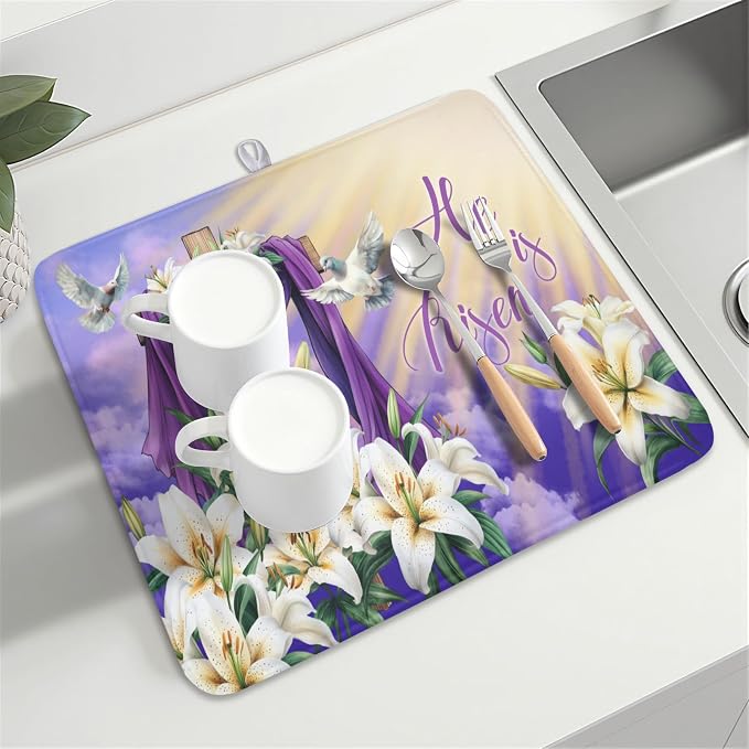 Easter Dish Drying Mat for Kitchen Counter He is Risen Cross Floral Purple Pattern Microfiber Dish Drainer Mat Rustic Absorbent Washable Drying Pad 16"x18"