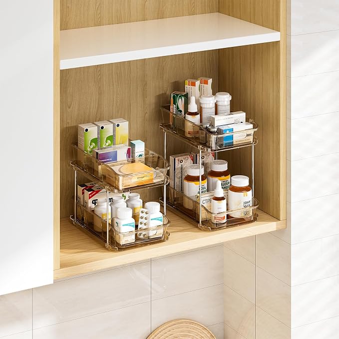 Delamu 2-Tier Under Sink Organizers and Storage, Multi-Purpose Stackable Bathroom Cabinet organizers, Pull Out Kitchen Pantry Organization and Storage with Dividers(2 Pack, Amber)