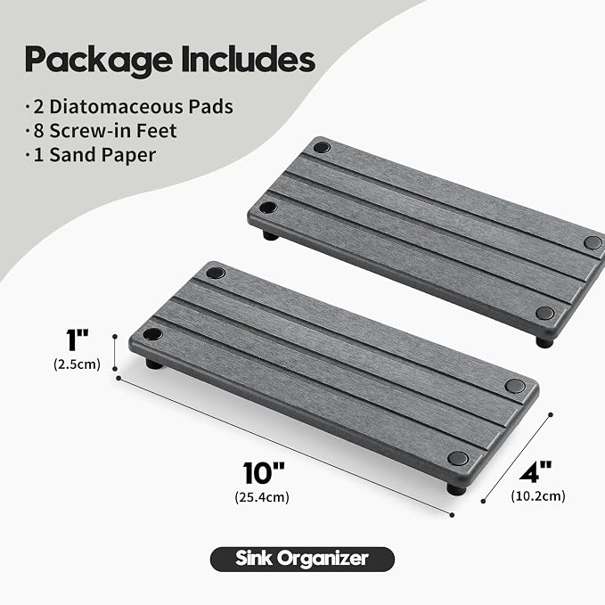 Razborci 2 Pack Fast Drying Water Absorbing Diatomite Stone Mat Tray for Kitchen & Bathroom Counter - Instant Dry Sink Caddy Organizer - Vanity Holder for Soap and Sponge – Charcoal 10" x 4"