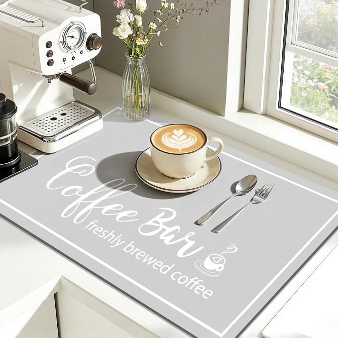 Findosom Dish Drying Mat, 12"x 20" Super Absorbent & Hide Stain Coffee Mat, Cuttable Drying Mat for Kitchen Counter, Coffee Bar Accessories, Under Dish Rack, Coffee Maker, Espresso Machine, LightGrey