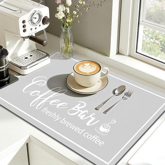 Findosom Dish Drying Mat, 12"x 20" Super Absorbent & Hide Stain Coffee Mat, Cuttable Drying Mat for Kitchen Counter, Coffee Bar Accessories, Under Dish Rack, Coffee Maker, Espresso Machine, LightGrey