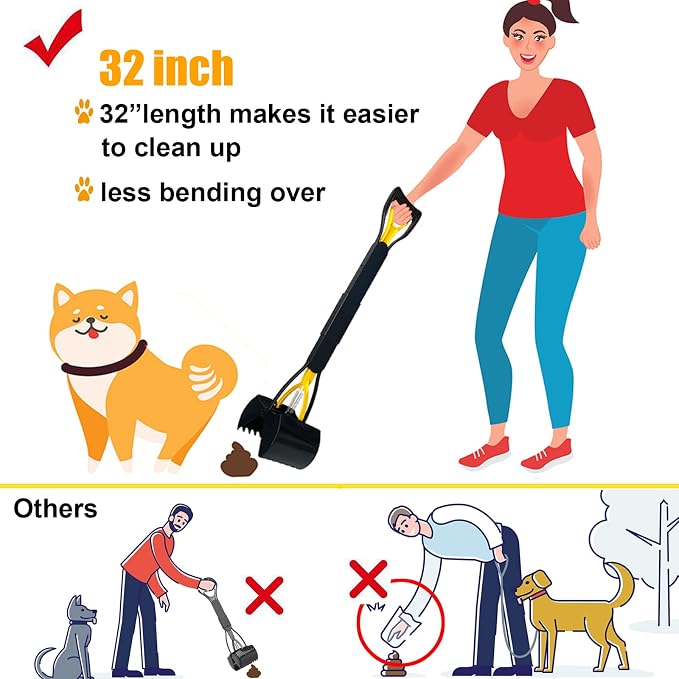 ienjoyed 32“ Tall Pooper Scooper, Large Pooper Scooper for Dogs Heavy Duty, Dog Pooper Scooper with Long Handle & High Strength Durable Spring, Foldable Dog Poop Pick Up, Yellow