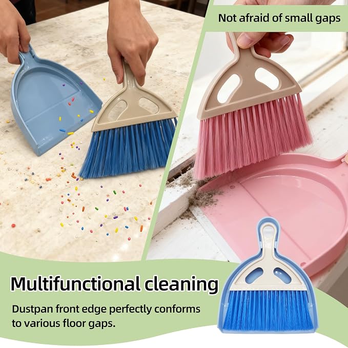 6Pcs Small Dust Pan and Brush Set with Cleaning Cloth - Blue & Green & Pink Brooms, Mini Hand Broom and Dustpan Set Whisk Dustpan Brush Kid Broom for Table Desk Car Keyboard