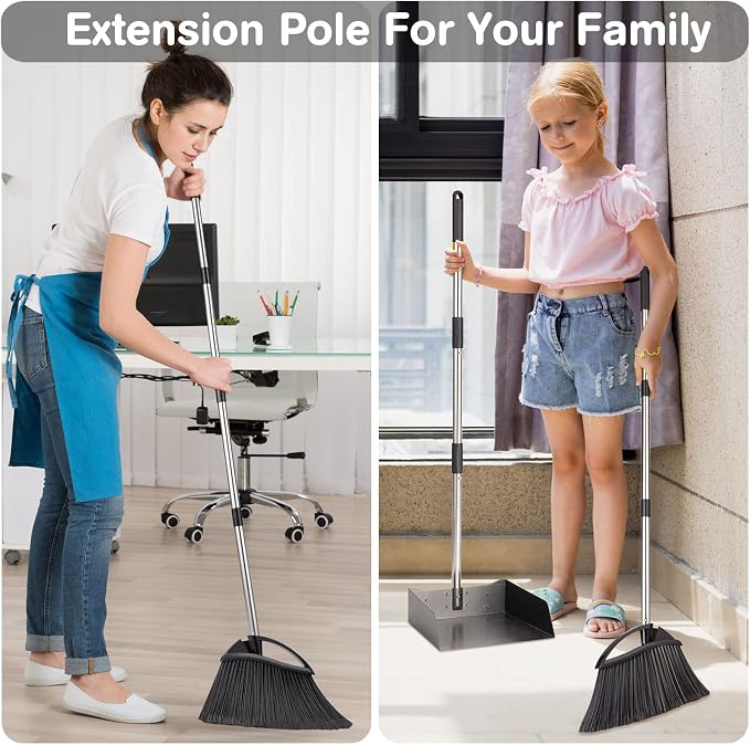 Yangbaga Long Handled Dust Pan and Broom Set for Home,Heavy Duty Metal Dustpans and Brooms,Upright Stand Up Design,54"Outdoor Broom and 38" Dustpan Combo for,Lobby Floor, Yard,Home Kitchen Office Use
