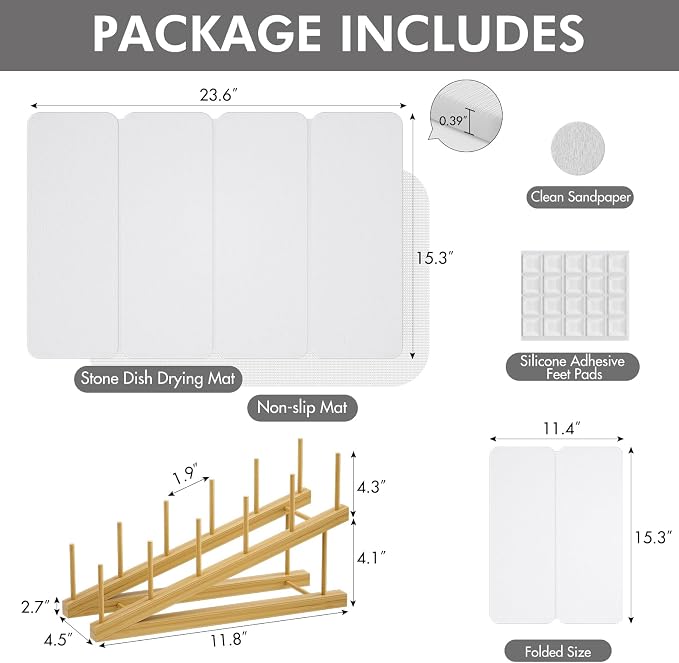 2-in-1 Stone Dish Drying Mat and Bamboo Dish Rack Combo, 24x16 Inch Super Absorbent Fast Dry Diatomaceous Earth Dish Drying Mat, Foldable Space Saver for Kitchen Counter Bathroom Apartment