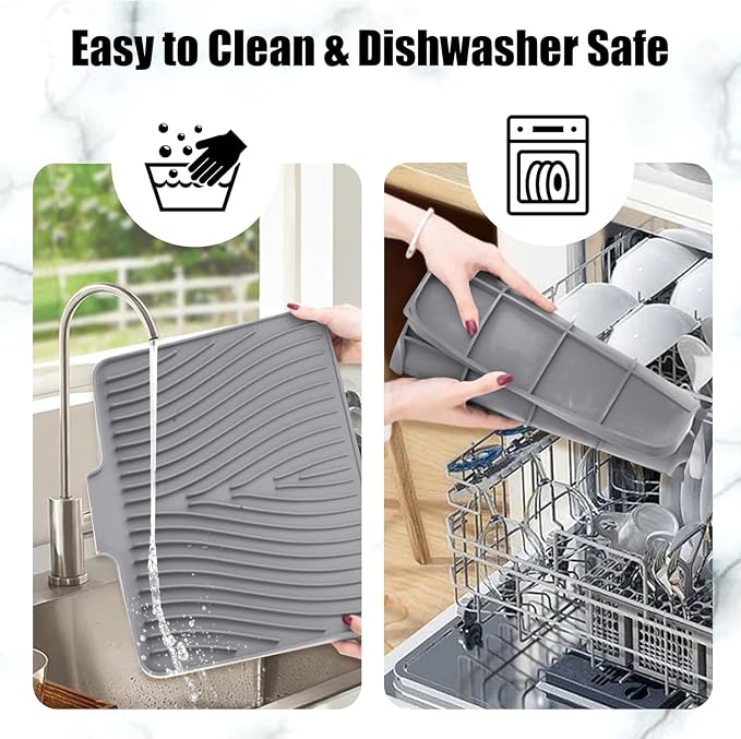 TIKNIK Silicone Dish Drying Mat for Kitchen Counter - Heat Resistant & Non-Slip Dish Drain Pad with Built-In Drain, Dishwasher Safe, Quick-Dry, Hangable & Roll-Up for Storage, Grey-1pcs, 16" x 12"