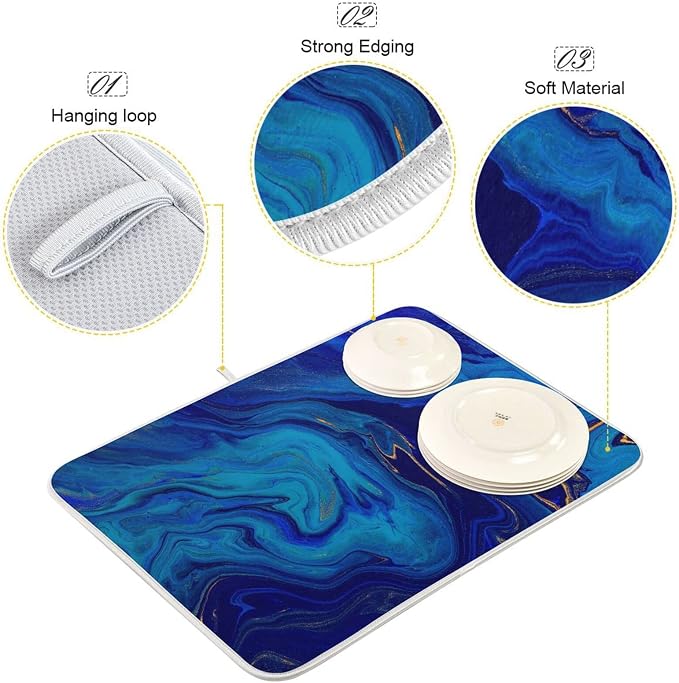 Super Absorbent Dish Drying Mat, Microfiber Fast-Drying Dish Mat, 16" x 18", Kitchen Dish Drying Pad, Navy Blue Gold Marble