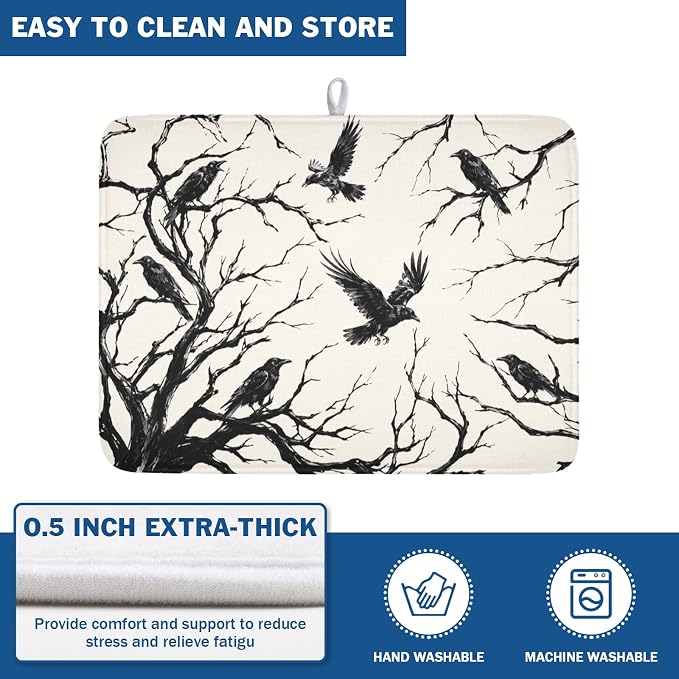 Halloween Crows Dish Drying Mat for Kitchen Counter Vintage Spooky Black Tree Branches Raven Pattern Microfiber Dish Drainer Mat Rustic Absorbent Washable Drying Pad 18"x24"
