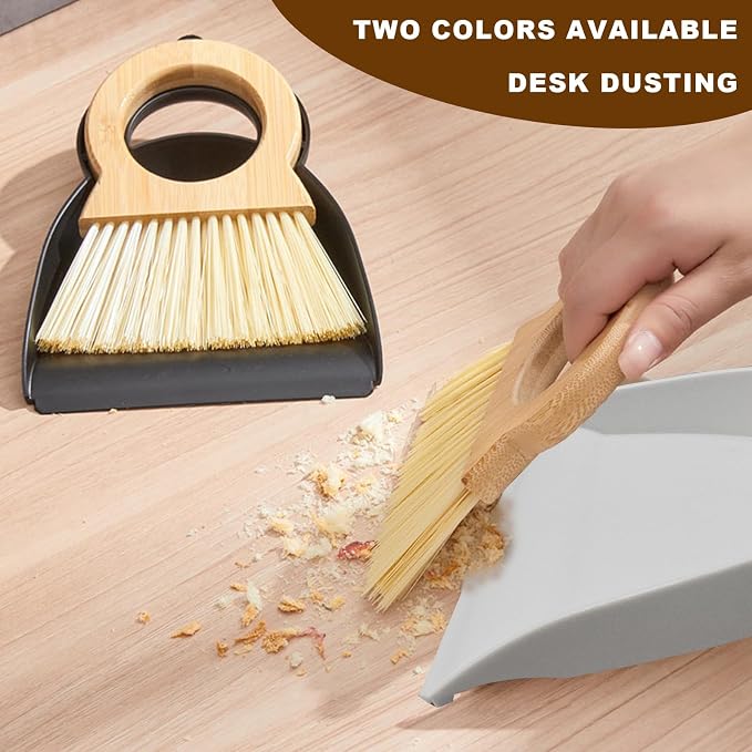 Mini Broom and Dustpan Set Bamboo Broom with Dustpan Combo Set Portable Hand Sweeper for Office Kitchen Dorm Home Quick Cleanups (White)