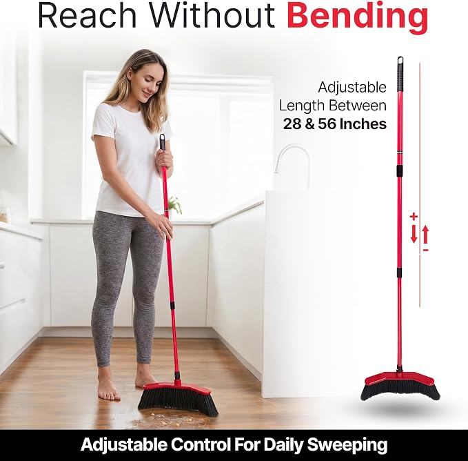 with Dustpan Combo Set, 16-Inch Curved Head | 52" adjustable telescopic handle, soft PVC bristles, indoor outdoor kitchen sweep, clears pet hair, dust, debris