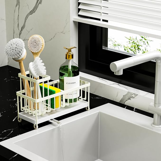 Cisily Sponge Holder for Kitchen Sink, Sink Caddy Organizer with High Brush Holder, Kitchen Countertop Organizers and Storage Essentials, Rustproof 304 Stainless Steel (Cream, 9.25″)