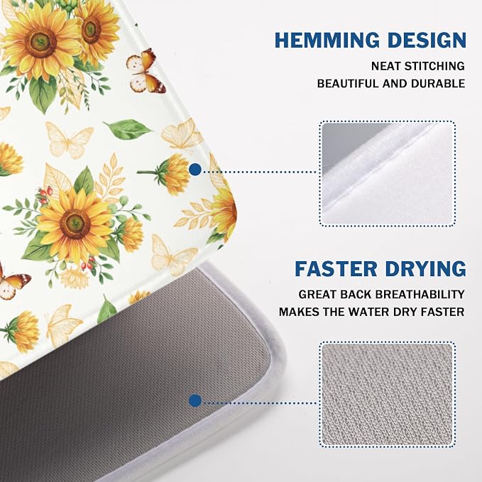 Sunflower Dish Drying Mat for Kitchen Counter Summer Yellow Floral Microfiber Dish Drainer Mat Rustic Farmhouse Absorbent Washable Drying Pad Extra Large 18"x24"