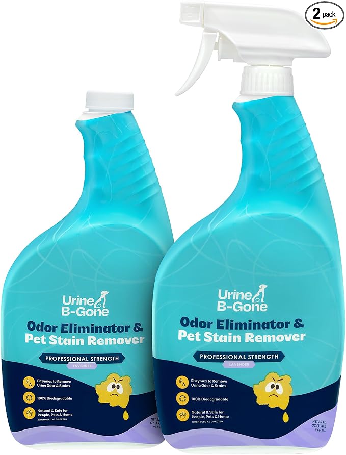 Urine B-Gone, Professional Enzyme Odor Eliminator & Pet Stain Remover, Human, Cat & Dog Urine Cleaner, Effective on Laundry, Carpets & More, Lavender Scent, 32oz, Pack of Two