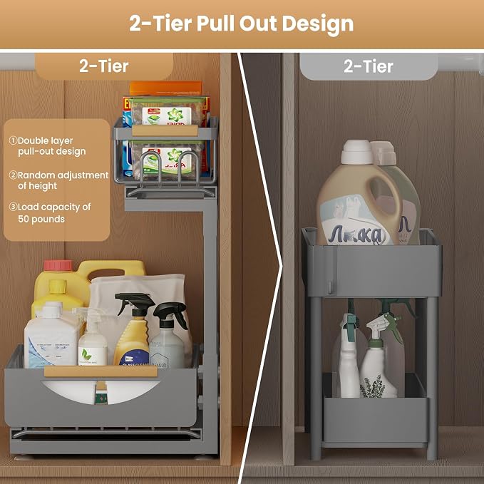 2 Pack 2 Tier Under Sink Organizer and Storage for Bathroom and Kitchen - Under Cabinet Pull Out Shelf Organizers - Sliding Out Drawer Organization for Home Cabinets Shelves and Drawers
