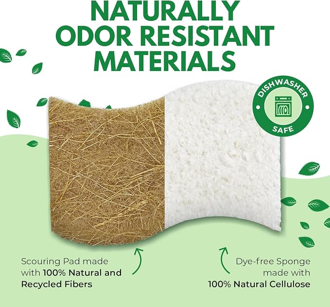 AIRNEX Natural Kitchen Sponges (6 Pack) - Biodegradable Cellulose & Coconut Scrubber Dish Sponges for Kitchen - Eco-Friendly, Non Scratch, Compostable, Non Toxic S-Shaped Natural Sponges for Dishes