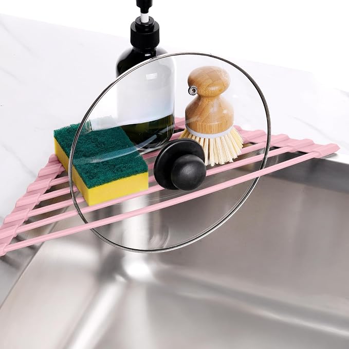 Tomorotec Compact Silicone-Coated Triangle Dish Drying Rack for Sink Corner - Foldable Stainless Steel Over-The-Sink Organizer and Storage Shelf (Pink)