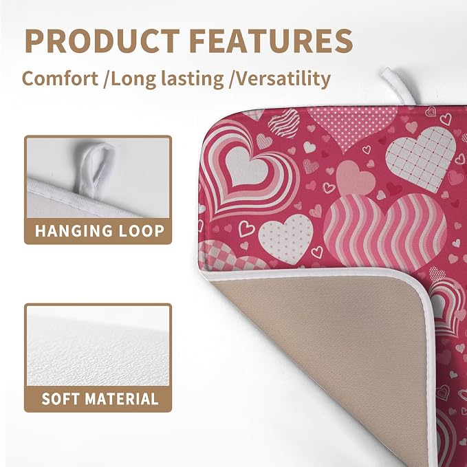 Valentine's Day Red Pink Love Heart Drying Mat for Kitchen Counter - Absorbent Microfiber Dish Drainer Mats - Medium Drying Pad - 16x18 Inch