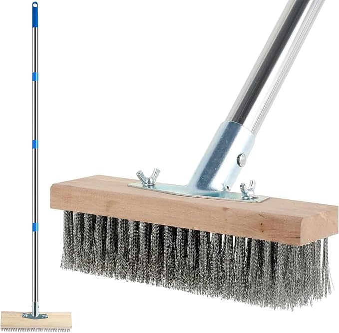Concrete Scrub Brush - Concrete Brush Wire Broom with 62" Long Handle - Deck Brushes for Scrubbing Heavy Duty Stiff Metal Bristle Floor Scrubber Brushes for Cleaning Moss Grout Garage Patio