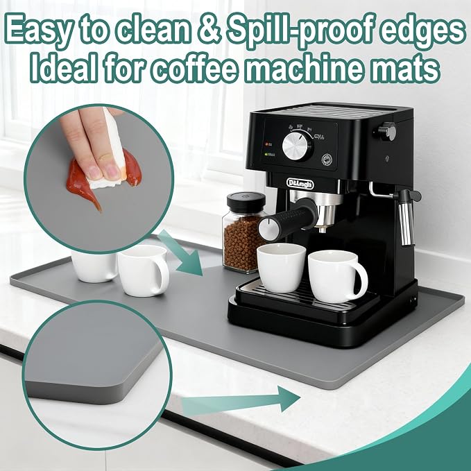 Silicone Coffee Mat, 24"X16" Heat-Resistant,Eco-friendly,Hygienic Drying Pad,Leak-Proof and Non-Slip,Removable Silicone Mat with Concave and Convex Design,（Gray 24X16）