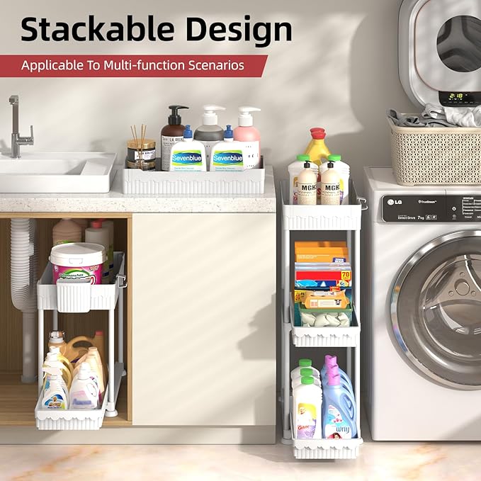 Sevenblue 4-Pack 2-Tier Under Sink Organizer with Pull Out Drawers | Multi-use kitchen & bathroom storage. Includes hanging hooks and cups. White, space-saving cabinet design. 14.8 Inch