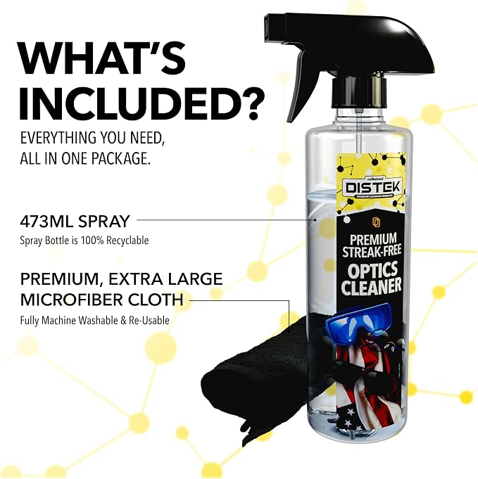 Distek All-Purpose & Optics Cleaner 473 mL Spray with Large Microfiber Cloth | Made in the USA | Cleaning Solution for Glass, Plastic, Whiteboards, Monitors, & iPhone Screens | Streak-Free Application