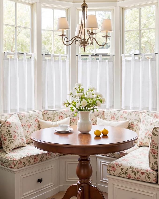 jinchan Linen Tier Curtains, Tab Top, 26x36, 2 Panels, Beige White | Light filtering, linen blend, farmhouse style, rustic decor, cafe curtain, kitchen, bathroom, laundry room, RV, small windows
