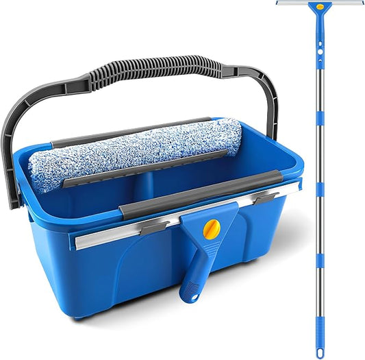 SetSail Window Cleaning Kit with Bucket 3 Gallon for Home Outdoor, Blue | Window Squeegee and Microfiber Scrubber, 64" Window Washing Kit, Professional Window Cleaner Tool for Commercial Car