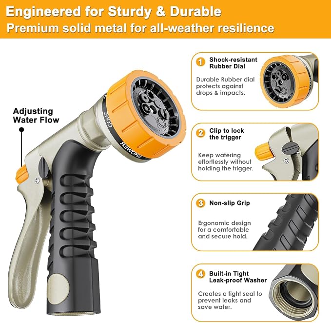 FANHAO Metal Garden Hose Nozzle Heavy Duty, Rear Trigger Water Sprayer | 7 Adjustable Spray Patterns, Flow Control, Hands-Free Lock, Ergonomic Anti-Slip Soft Grip Water Nozzle for Garden, Car & Pet