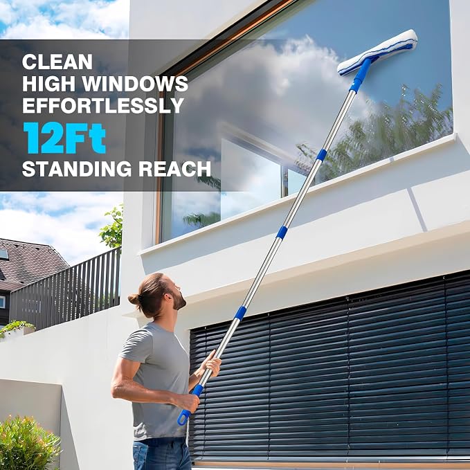 ARTIPOLY Squeegee for Window Cleaning, 14" Extra-Large Squeegee & Microfiber Scrubber Combi with 60" Stainless Steel Pole, Window Cleaning Kit for Shower Glass Mirror Door Car-2 Pads
