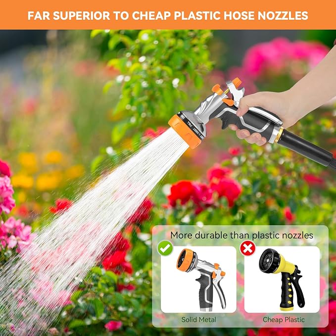 Garden Hose Nozzle, Heavy Duty Metal Water Hose Nozzle with 8 Adjustable Spray Patterns, High Pressure Hand Sprayer with Flow Control for for Garden Watering, Car & Pet Washing