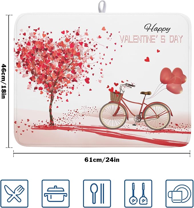 Romantic Valentine's Day Dish Drying Mat for Kitchen Valentines Bike and Tree Dish Drying Pad 18x24 Absorbent Reversible Happy Valentine Dishes Drainer Pad Holiday Dish Drying Rack Mat for Countertop