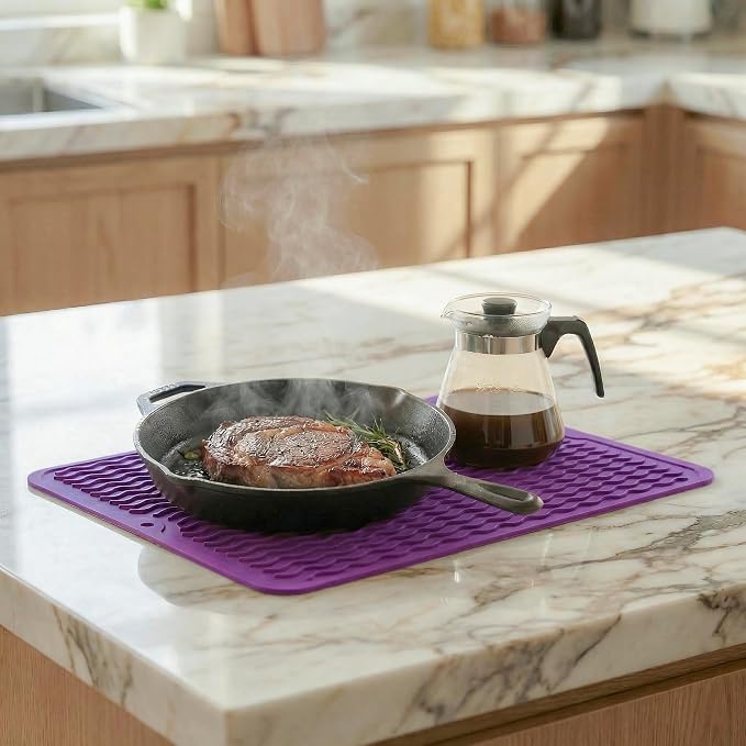 MicoYang Silicone Dish Drying Mat — Quick-Dry Ridges Counter & Sink Pad, Heat-Resistant Trivet to 450°F, Non-Slip & Dishwasher Safe, Roll-Up Storage, 18 Colors & 9 Sizes (Purple, 16"×12")