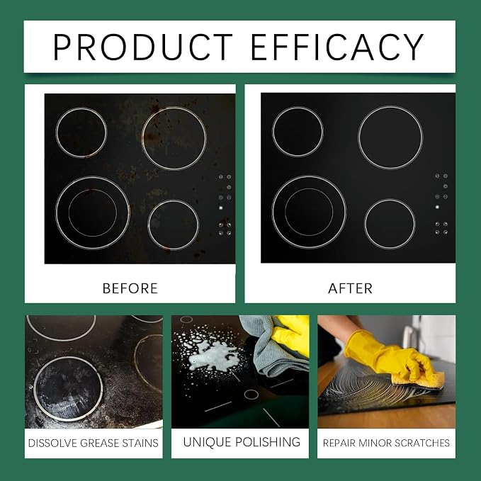 Glass Cooktop 3-in-1 Cleaner Kit, Removes Grease & Burnt-On Food, Safe for Gas, Induction, Electric Cooktops & Air Fryers, Stove Top Polish and Shine, Multi-purpose Cleanser (300g) (1)