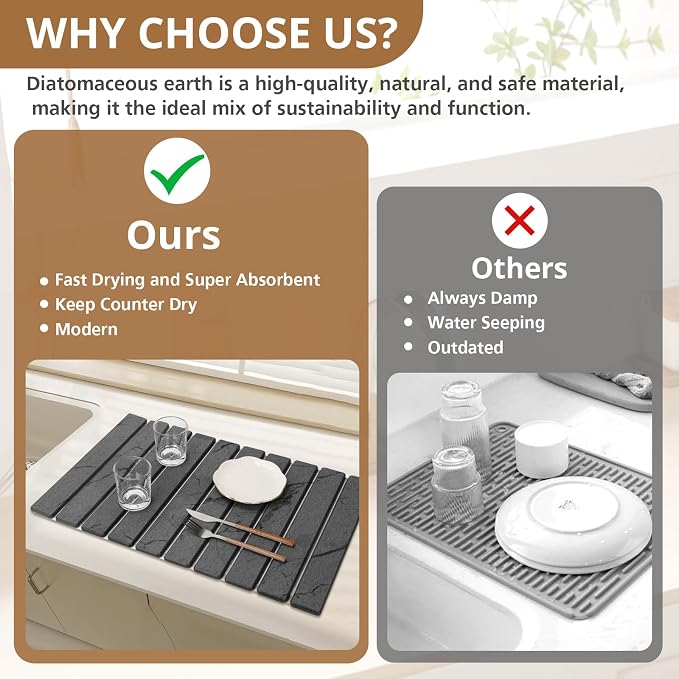 2 PCS Large Stone Dish Drying Mat for Kitchen Counter, Marbled Quick Dry Stone Dish Mats, Diatomaceous Earth Drying Pad, Foldable and Super Absorbent Dish Drying Stone Mat (Dark Gray 24"×16" & 8"×4")