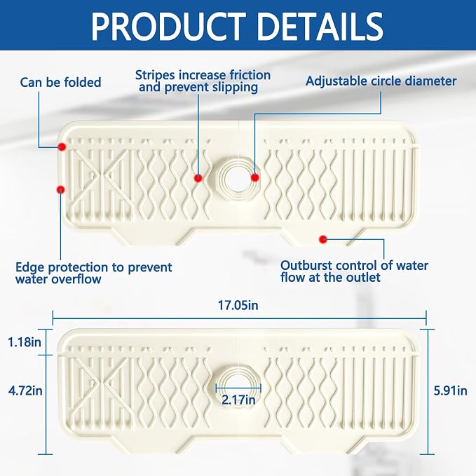 Silicone Sink Mat Splash Guard-17" x 6'' Sink Splash Guard,Kitchen Sink Accessories fit for Countertop, Bathroom,Farmhouse,RV by EBIGIC (Off-white)